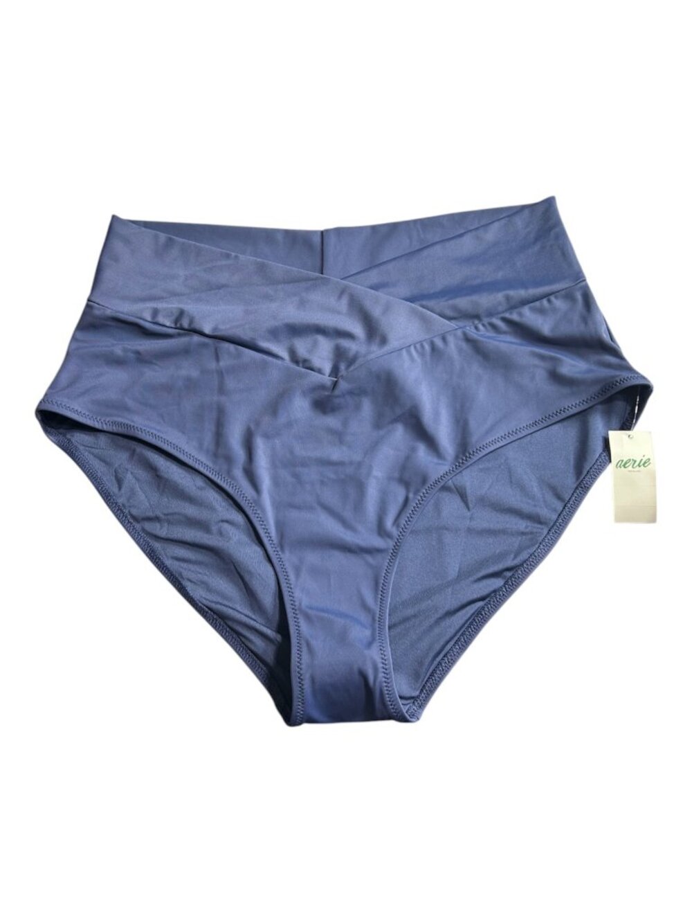 AERIE High Waist Full Coverage Bikini Bottoms Sz M Navy Blue Crossover Waistband